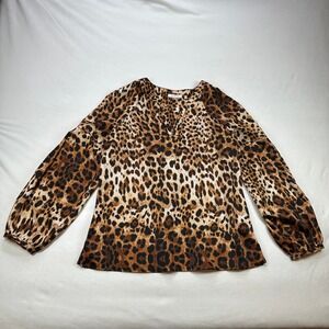 SIONI Animal Print‎ Blouse Top Long Sleeve V Neck Leopard Brown Small